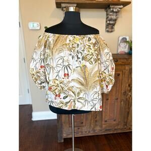 H&M XL Peasant Top Elastic Neckline Bishop Sleeves Tropical Floral Print Boxy